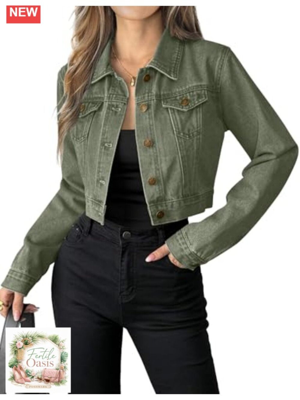 100% Cotton Cropped Denim Jean Jacket Women Button Down Long Sleeve
